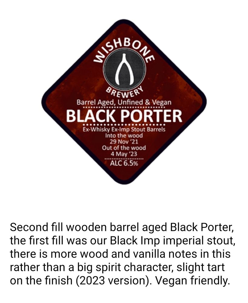 Wishbone brewery black porter pump clip on white background. A vertical diamond with a chocolate brown marbelled background, the wishbone logo - a white wishbone on black circle. White texts reads: barrel aged, unfined, vegan, ex whisky, ex imp stout barrels, 6.5%