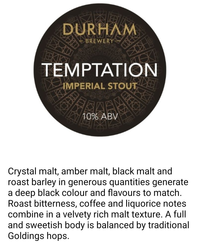 Pump badge. A black circle with a fine gold circular pattern. Text on hold and white: Durham Brewer, Temptation Imperial Stout, 10% ABV.