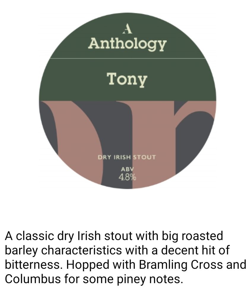 Circular design, top half reads Anthology Tony in white text on dark green, bottom half zoom in on text of anthology logo, dry Irish stout, 4.8%.