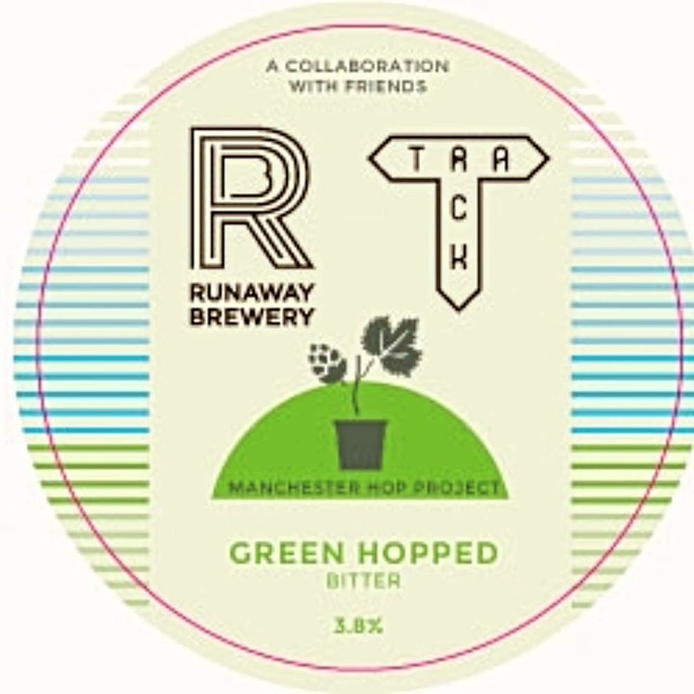 Pump badge, cream coloured, light blue and green lines, Runaway and Track logos, and that of the Manchester hopped project. Green hopped bitter, 3.8%