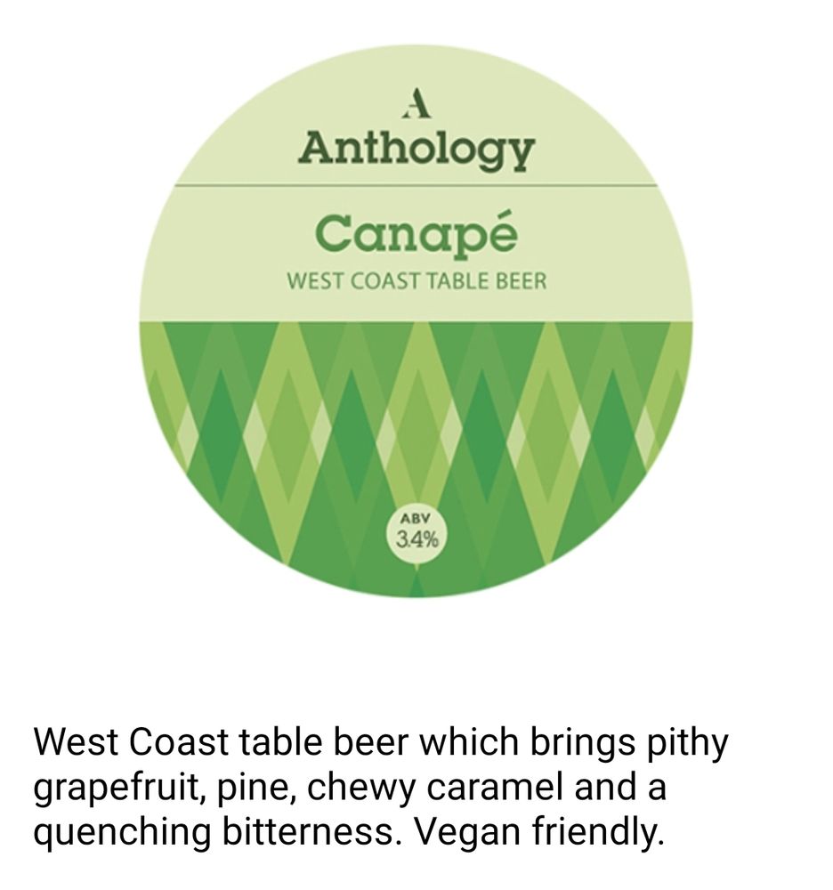 Light green pump badge, bottom half is a pattern of intersecting triangles, the top half reads Anthology Canape west coast table beer.