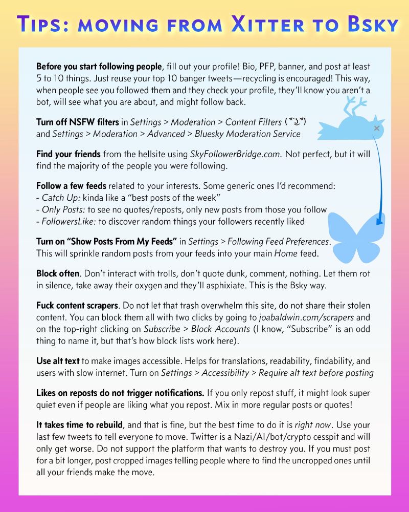 A list of recommendations on transitioning to blue sky from X