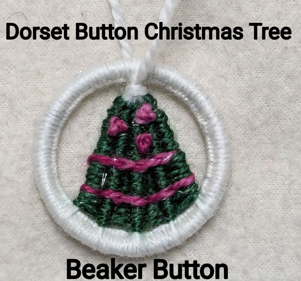 A white, green, and pink Dorset button Christmas tree. 