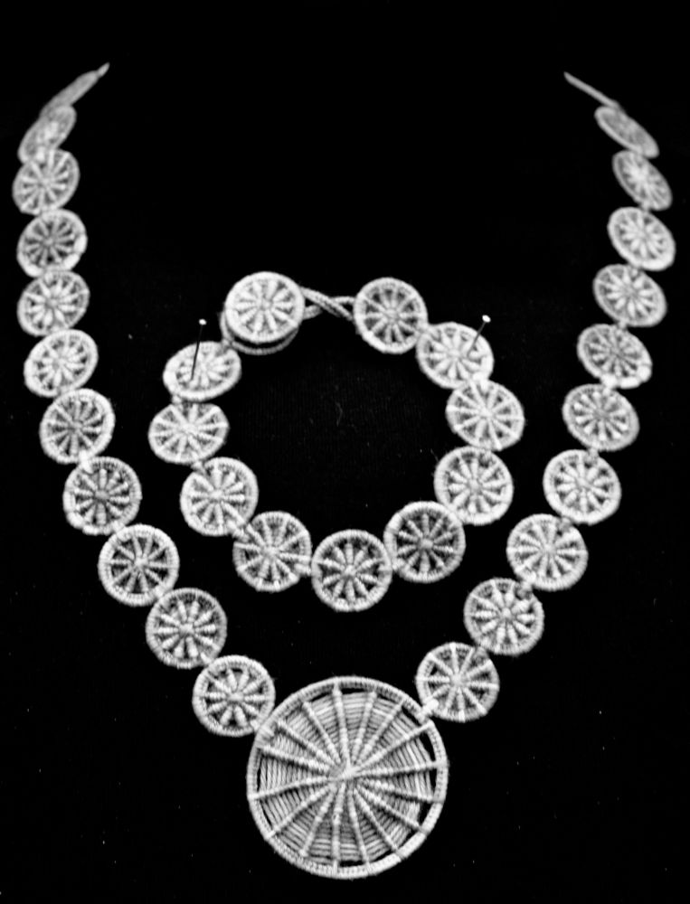 Black and white photo of a Dorset button necklace 