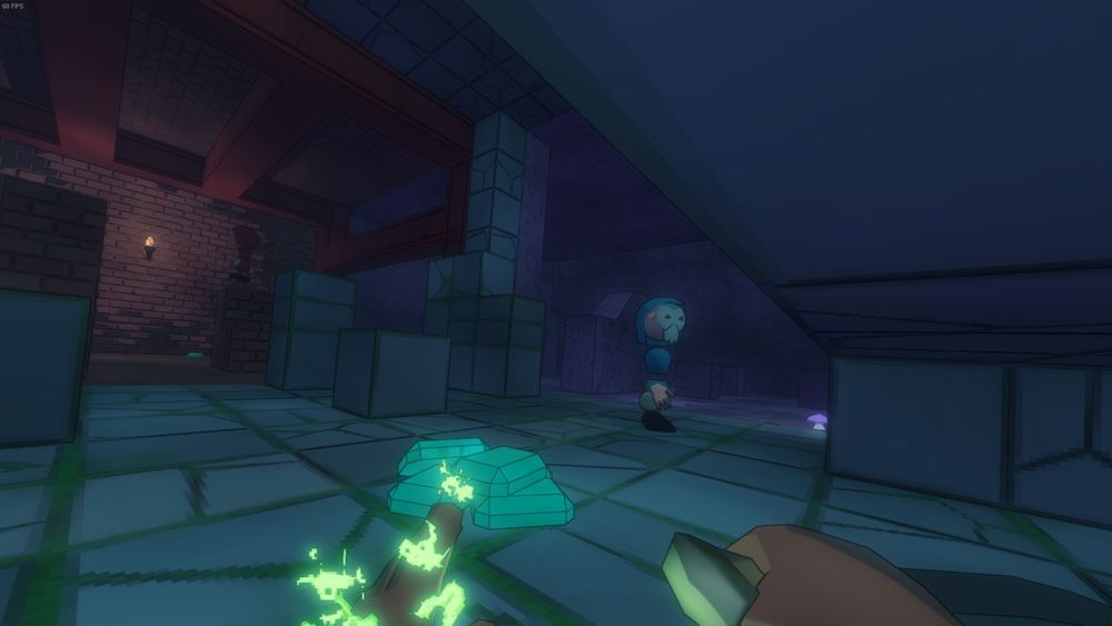 Screenshot of Eldritch 2: the first-person player sneaks near a cultist in a dungeon.