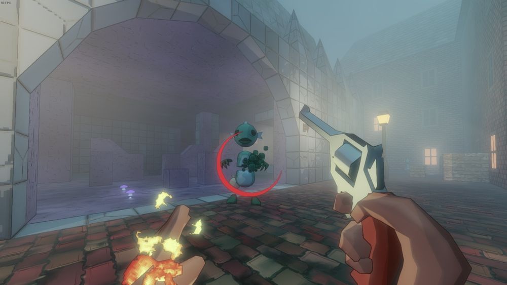 Screenshot of Eldritch 2: the first-person player attacks a fishperson outside a dungeon.