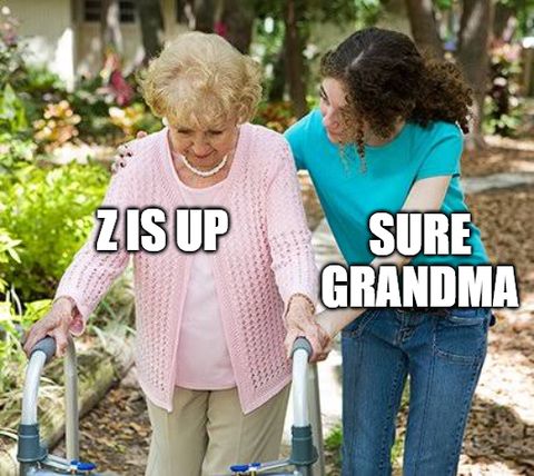 A young woman assisting an older woman with a walker.
Older woman: "Z is up"
Young woman: "Sure grandma"
