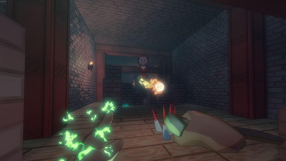 Screenshot of Eldritch 2: the first-person player faces a cultist leader in a dungeon.