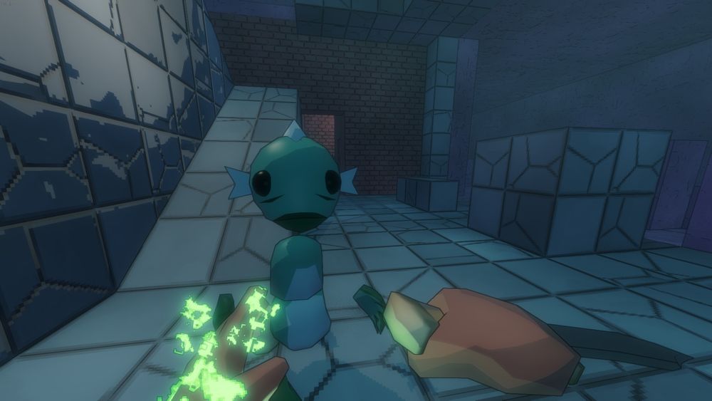 Screenshot of Eldritch 2: the first-person player faces a fishperson in a dungeon.