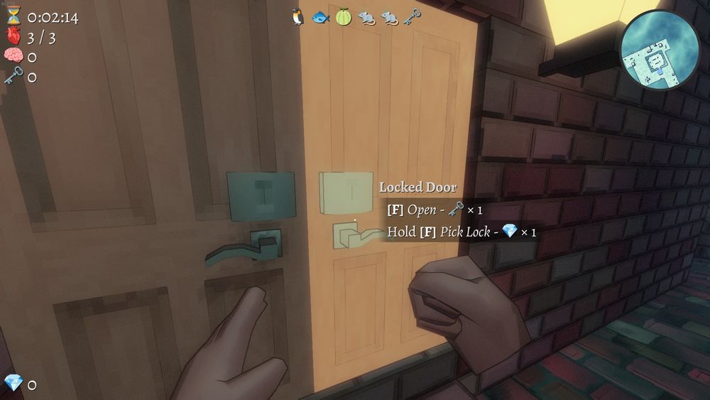 WIP screenshot of Eldritch 2. The player has the option to use a key or pick the lock on a door.