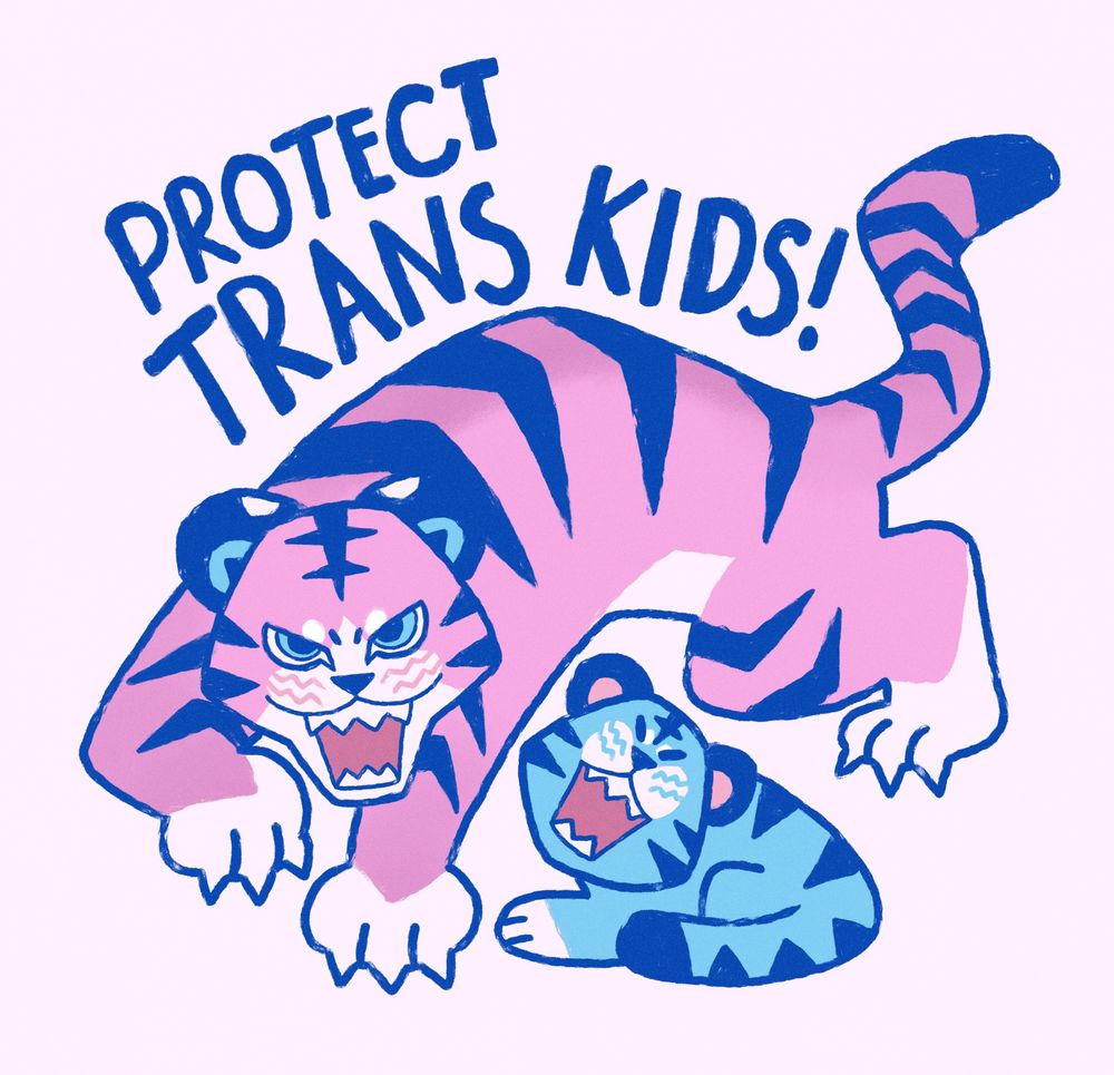 A drawing of two stylized tigers. One is an adult with a pink palette and the other is a cub with a blue palette. They are both snarling and the adult tiger is standing protectively around the cub with its claws drawn. Text above reads: protect trans kids!
