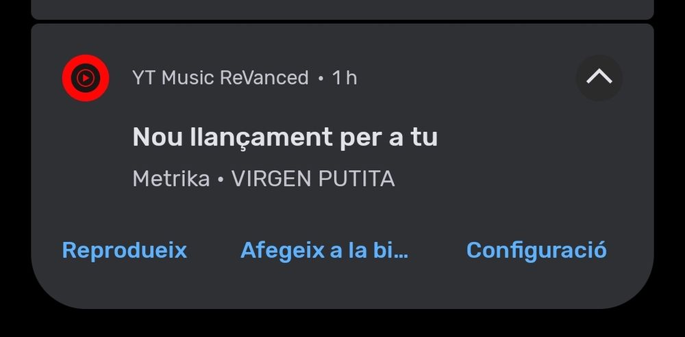Notificación del YT Music avisando sobre la nueva canción de Metrika: VIRGEN PUTITA