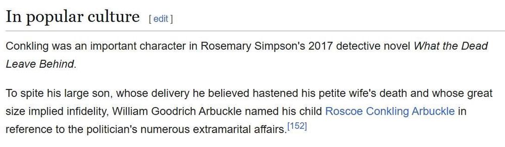 In popular culture:

Conkling was an important character in Rosemary Simpson's 2017 detective novel What the Dead
Leave Behind.
To spite his large son, whose delivery he believed hastened his petite wife's death and whose great size implied infidelity, William Goodrich Arbuckle named his child Roscoe Conkling Arbuckle in reference to the politician's numerous extramarital affairs. 
