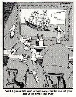 A Far Side cartoon depicting an old sailor with a peg leg on a barstool gesturing to his peg leg and saying “well, I guess that ain’t a bad story, but let me tell you about the time I lost THIS” to a guy with a peg for a head 