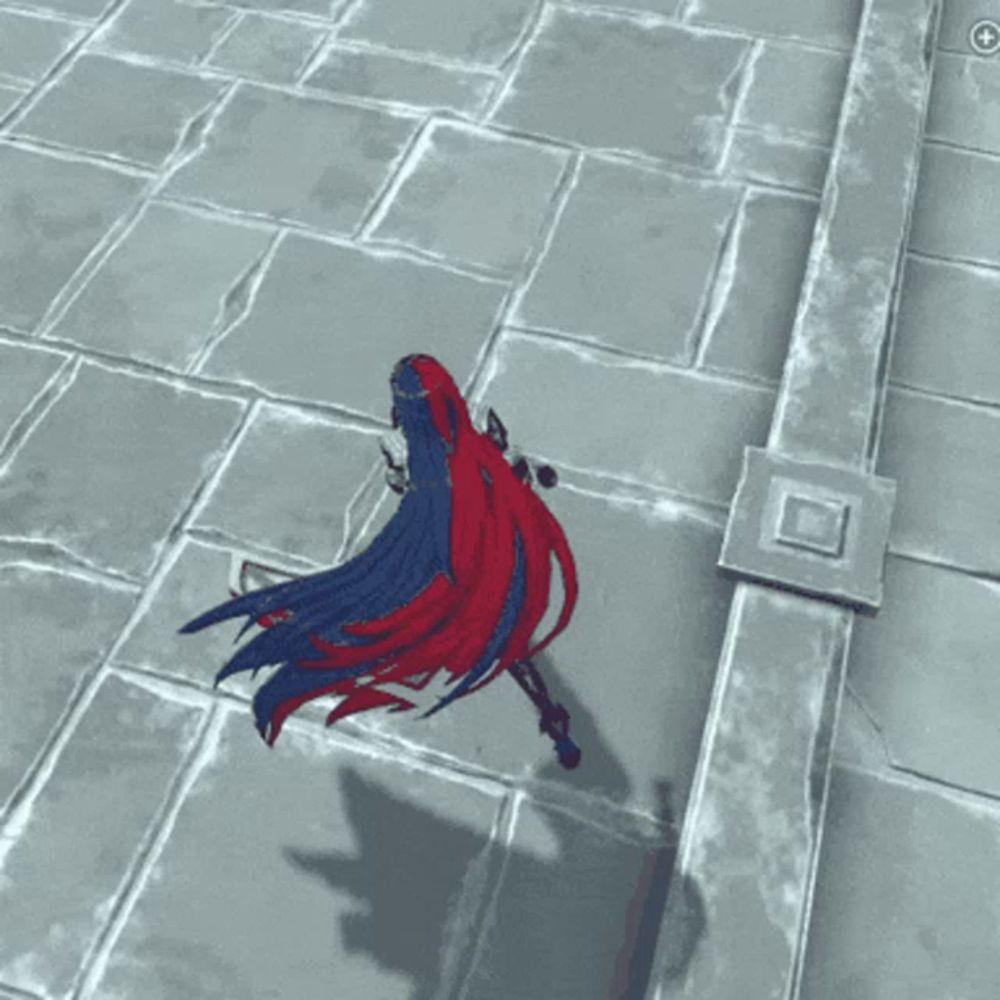 a video game character with a red and blue cape standing on a tiled floor