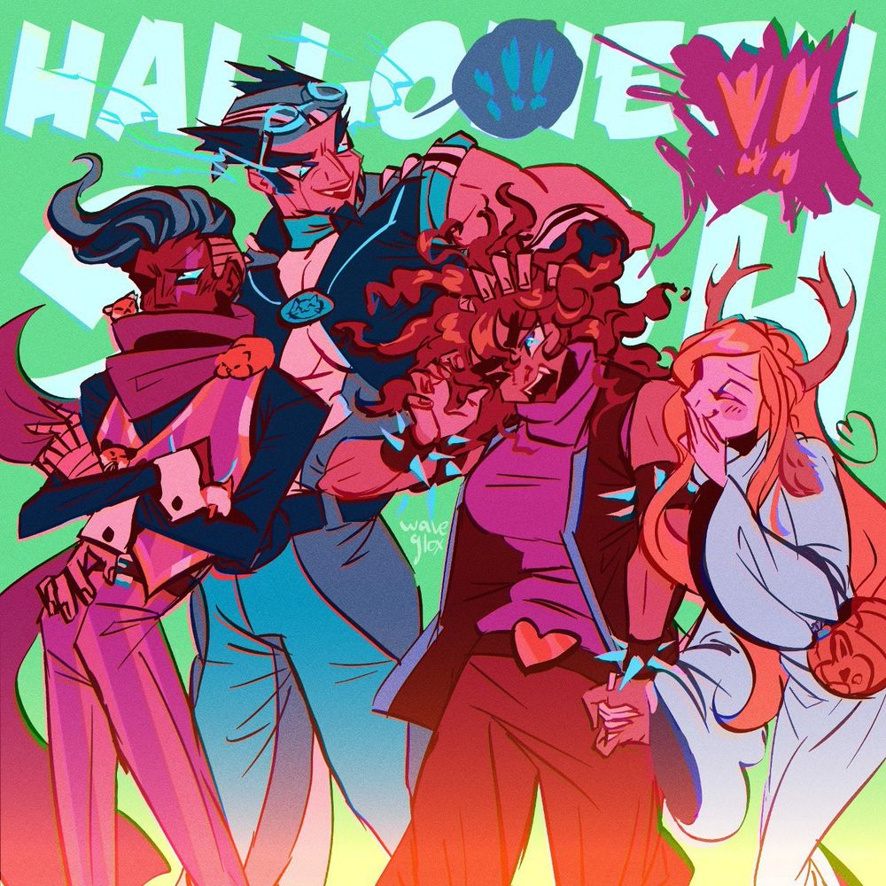 a square drawing of Gundham, Nekomaru, Akane and Sonia dressed as characters that suit them for halloween.

from left to right: Gundham is dressed as Robbie Rotten from LazyTown, but doesn't really like his outfit, rolling his eyes at it, his scarf covering his mouth, arms crossed on his chest, but there is a bit of a blush on his cheeks, indicating that he's actually enjoying hanging out with his friends. the four devas are, of course, also present with him, occupying his body in various places like usual.

Nekomaru is dressed as Sportacus (also from LazyTown), he's smiling, holding Gundham by his waist with one hand and ruffling Akane's hair with the other.

Akane is dressed as Susie from Deltarune, she's trying to swat away Nekomaru's hand and yelling at him. She's also holding hands with Sonia.

And Sonia is dressed as Noelle (likewise from Deltarune), she has little deer antlers with ears attached. She's giggling and covering her mouth with one hand, the elbow of that hand holding a small spherical candy bucket that's painted like a pumpkin and has Monomi's face on it.

The figures are drawn in warm red-orange-purples with a few bright blue accents, while the background is bright green with a yellow gradient at the bottom of the picture. The background also has the words "HALLOWEEN 2024" on it in white.

End of description!