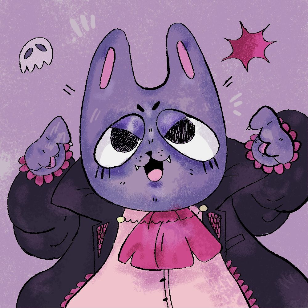 A drawing of my mascot who is a grey cat with big eyes dressed as a vampire for Halloween with a purple and red colour palette 