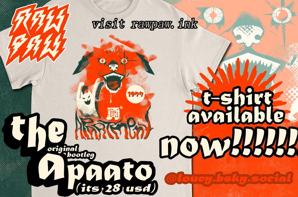 A promotional image of a t-shirt design. The t-shirt is a parody design of the movie "Hausu" from 1977. The design is called "Apaato" or apartment in English. The t-shirt is 28 USD. Visit rawpaw.ink to see more shirts for this challenge or support Louey.
