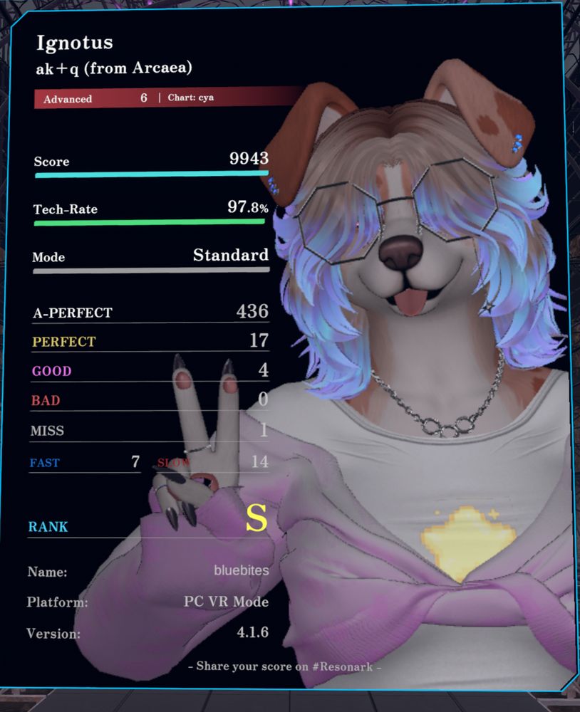 vrchat screenshot that shows a resonark results screen depicting S rank on the advanced (6) song Ignotus by ak+q (from Arcaea)