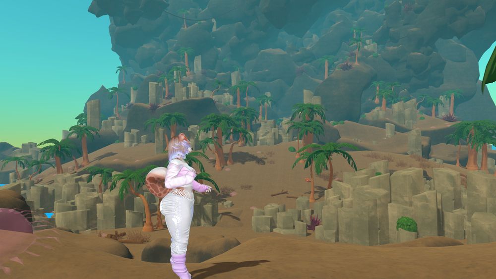 a vrchat screenshot showing a female anthro dog avatar standing on the shoreline of the game map from PEAK