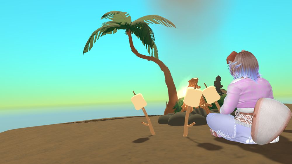 a vrchat screenshot of a female anthro dog avatar sitting at a campfire, at the top of the first map level from PEAK.