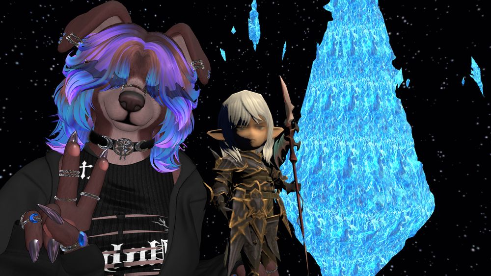 a screenshot of vrchat showing a female anthro dog avatar in punk clothing. she's holding up a peace sign and a model of the wind-up estinien minion from ffxiv. the mothercrystal is visible in the background.