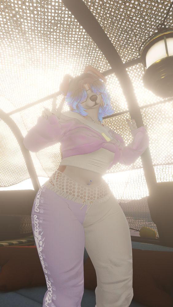vrchat screenshot of a female anthro dog avatar. she's cocking her hips and holding up a pair of peace signs with her hands. she's backlit by bright sunlight.