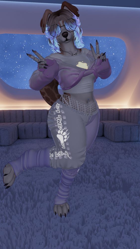 a vrchat screenshot of a female anthro dog. she's posing with peace signs, hips cocked, and one foot lifted cutely.