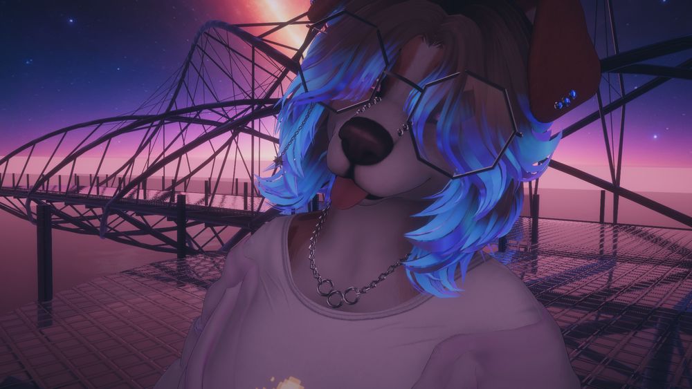 vrchat screenshot of an anthro dog avatar standing on a bridge with a pink and purple sky behind