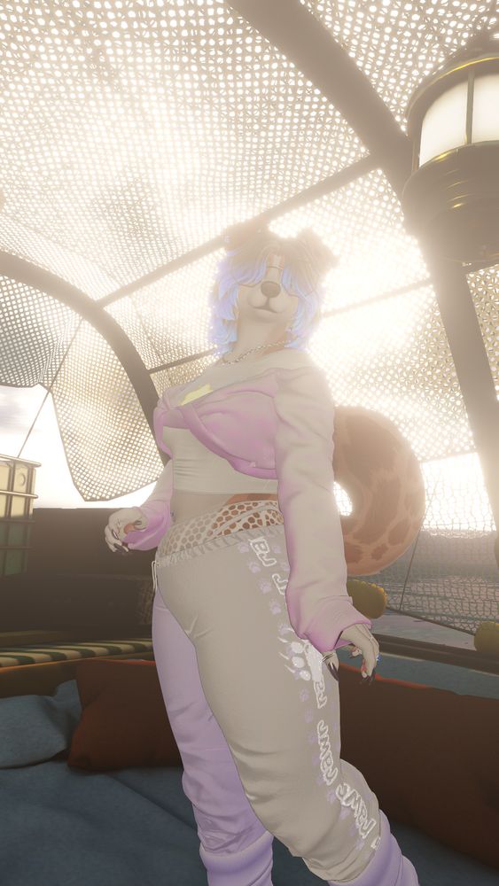 a vrchat screenshot of a female anthro dog avatar. she's posing playfully at the camera, backlit by bright sunlight.