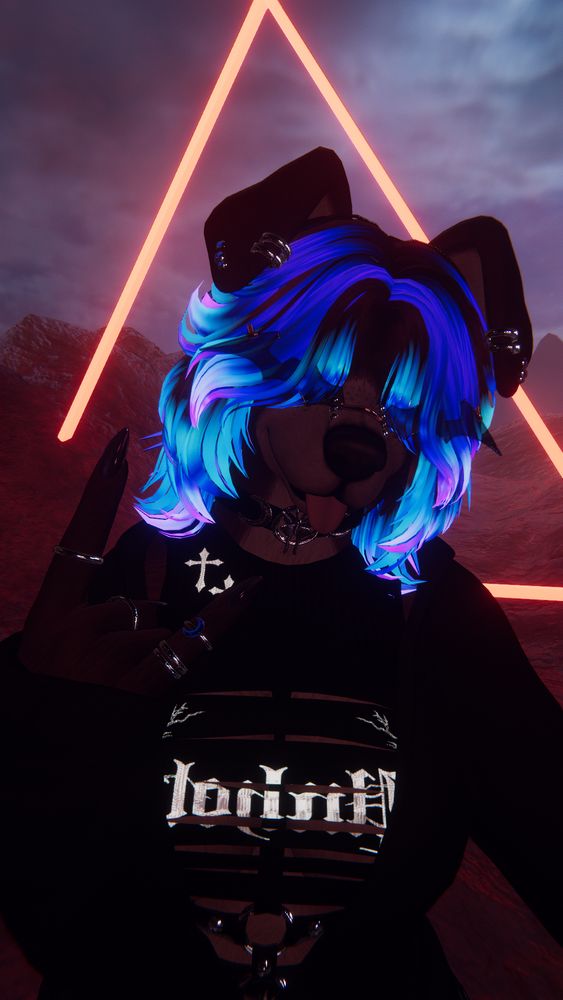 vrchat screenshot of a female anthro dog avatar dressed in punk clothing, holding up the sign of the horns. the background is dark and rocky, lit by a neon glowing red triangle shape.