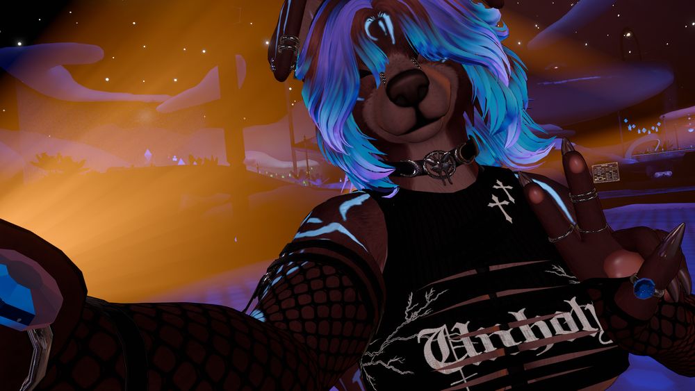 a vrchat screenshot wherein an anthro dog is dancing on a rave floor, smiling and showing the camera a peace sign