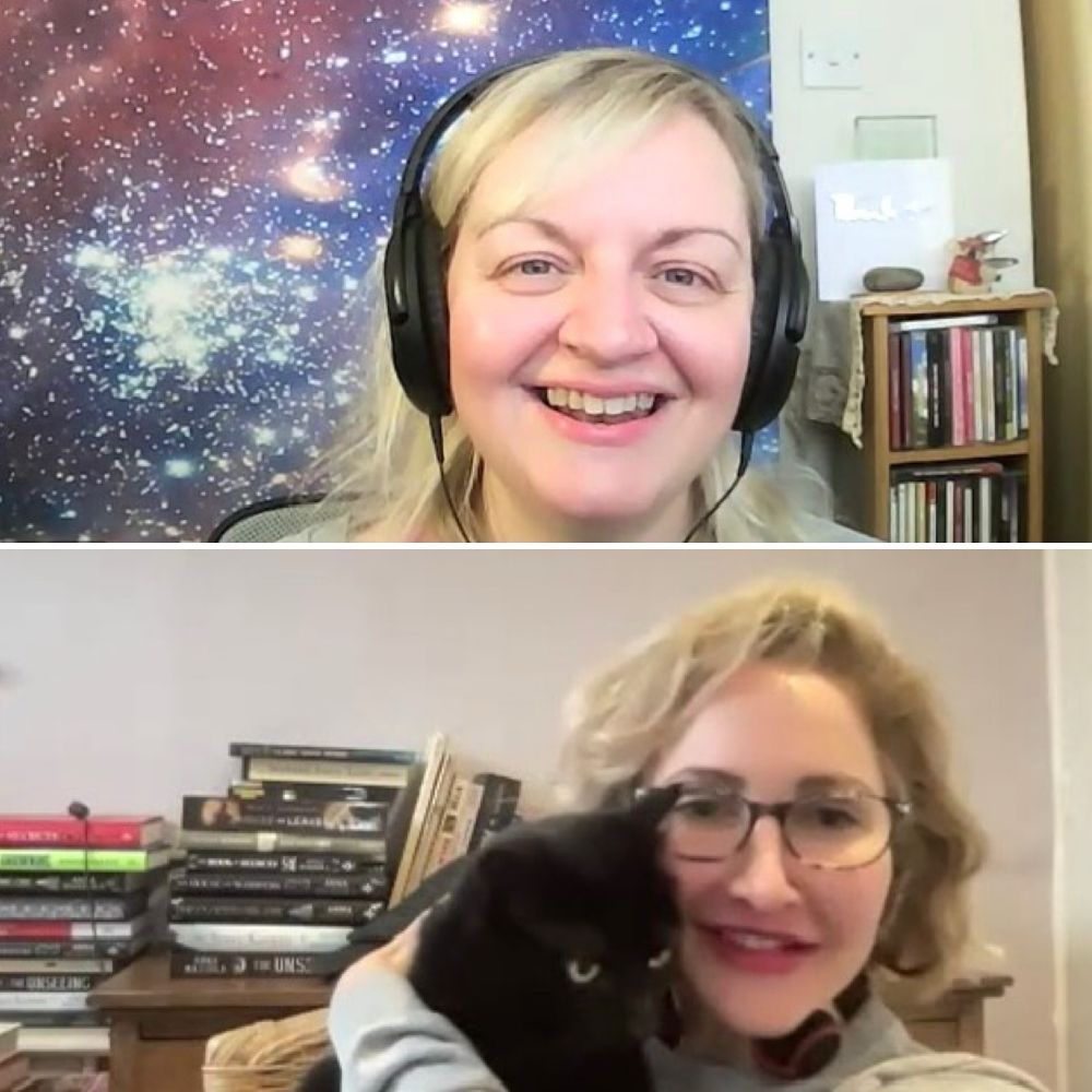Jo and Anna chat, split screen and Anna holds a black cat