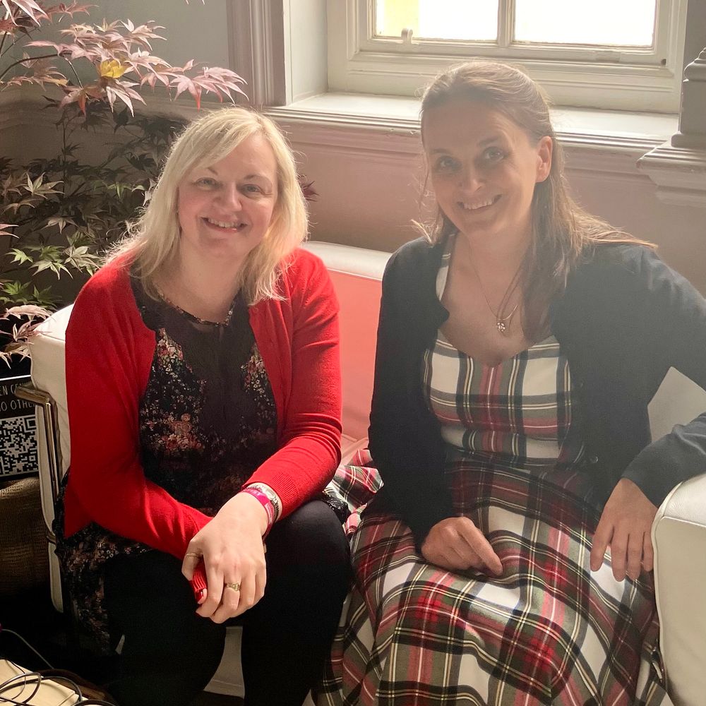 Jo and Sarah sitting in green room at Cheltenham Science Festival