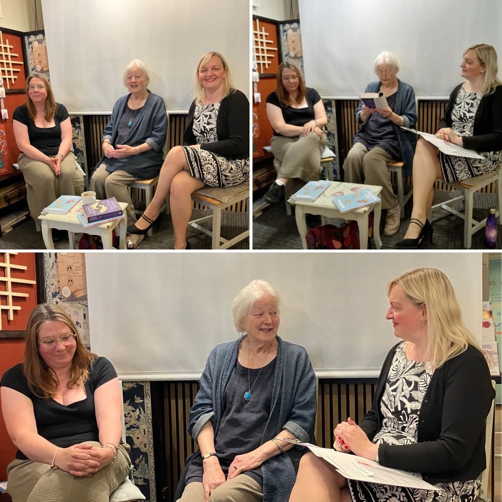 Ruth, Barbara and Jo sitting in conversation in the book shop 