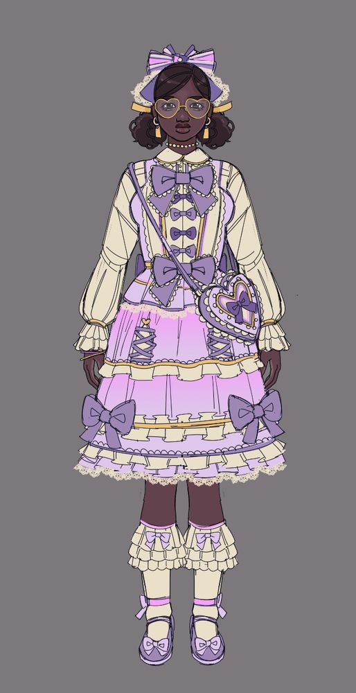 A drawing of a dark-skinned black woman standing up straight. She has two low curly “pigtails”, with a big purple and pink bow on the top of her head. She is wearing a Lolita Cord , the dress is multi-layered and ruffled, purple and pink gradient. She has long white sleeves, white ruffled knee high socks, and purple shoes. She has purple bows, some white earrings and a heart shaped bag. She has heart shaped gold framed glasses as well. 