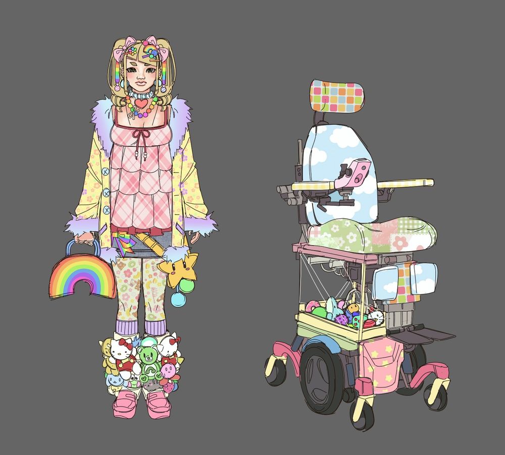 The image contains an illustration of a woman standing next to a powerchair. Her blonde hair is tied into two ponytails and her bangs are cut diagonally to the right. She has two pink bows with rainbow ribbons, and multiple colorful clips in her hair.

She has large blue earrings, and two necklaces, a red heart and large rainbow beads. She has a yellow coat with a floral patterns with fuzzy purple cuffs and trim. She has a layered pink plaid tank with a denim miniskirt, and a star bag on her right hip with blue and green “pom-poms” dangling from it, and a rainbow ribbon on her left hip.

She has a rainbow purse in her left hand, and floral leggings. She has pink shoes and leg warmers with multiple small plushies sewn to it, such as Hello Kitty, a green Care Bear, Kirby, Kerropi, and other small plushies 

Her powerchair is colorful with a “crane game machine” full of plushie prizes replacing the motor box. The headrest has colorful squares for the design, with the back being a blue sky with clouds, and the seat being green and pink “patchy” design with more floral patterns. The bottom of the chair is pink and yellow, with the trim all around the chair also being pink and yellow.