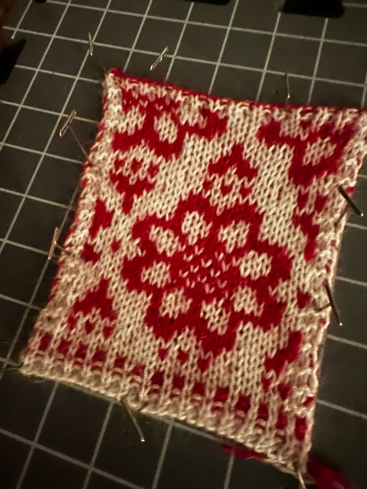 A hand knit swatch pinned to a blocking board. It’s a cream background with Norwegian fair isle flowers in neon pink. They look red here, but they’re very pink. The edges are corrugated ribbing. It is pinned to a blocking mat. 