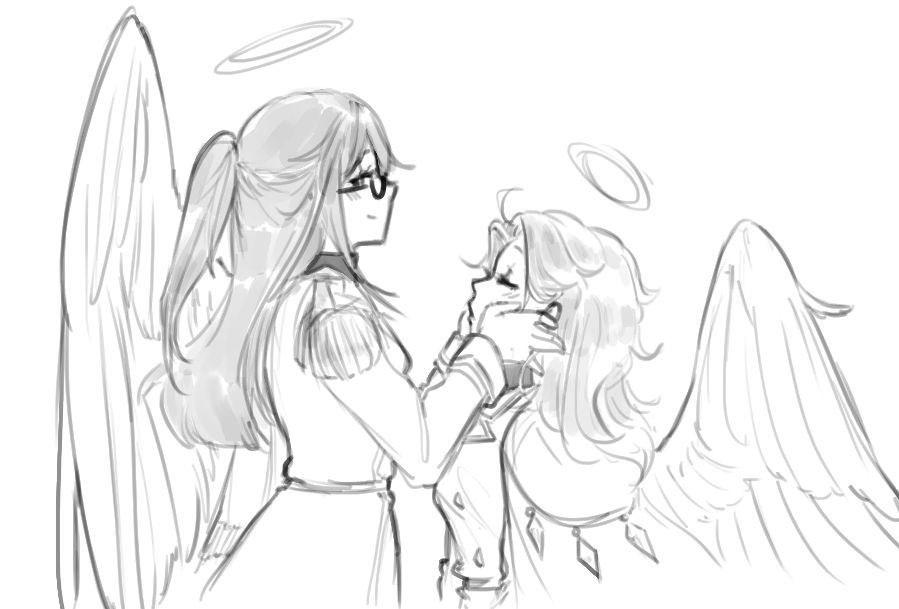 Drawing of an angel with long hair and glasses, holding the face of another angel with curlier hair. The angel being held has her eyes closed in reverence, while the angel holding her looks towards the viewer smugly.
