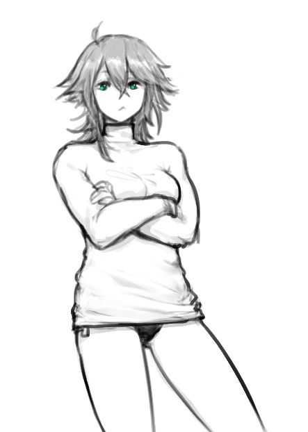 Drawing of a girl wearing a long sleeved shirt and no pants.