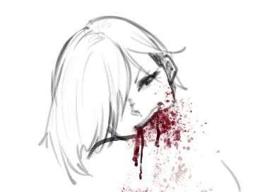 Drawing of a woman with hair covering one eye aggressively biting another indistinct person's neck, causing a spray of blood to splatter across her cheek and down the other person's back.