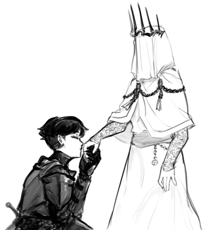 Drawing of a woman in dark armor, kneeling before another woman wearing a white robe, veil, and black spiked crown. The armored woman is kissing the veiled lady's hand, using one of her hands to clasp it and hold it up to her lips.