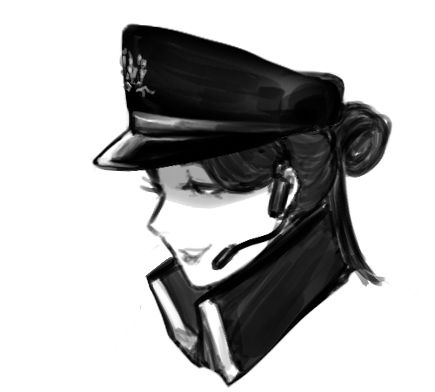 Drawing of a woman in black officer hat and high-collared coat. She also wears an earpiece that winds around from behind her ear. Her black hair is styled in a bun-ponytail.