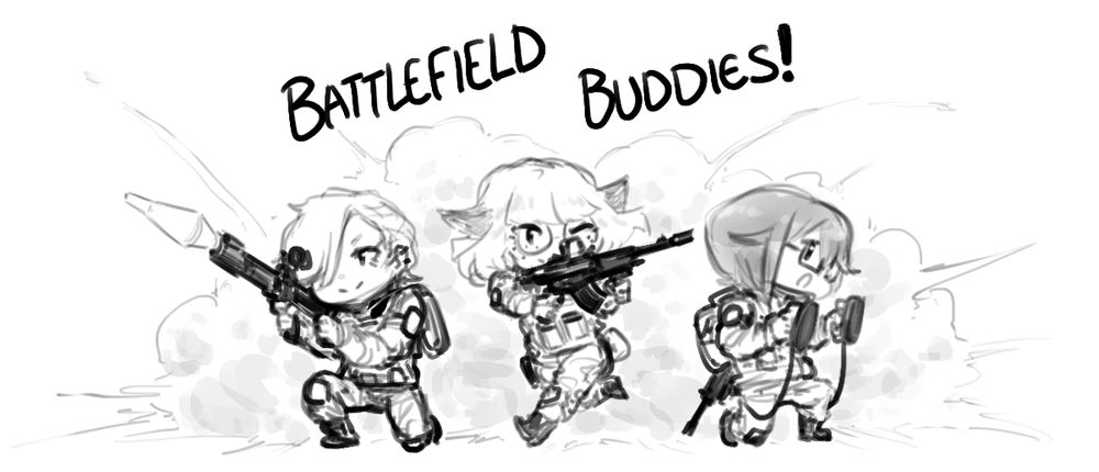 Drawing of three chibi characters representing Fay, Ami, and Ocean left to right, as the Engineer, Assault, and Support classes from battlefield 6, in various action poses. Behind them, a giant explosion goes off dramatically.