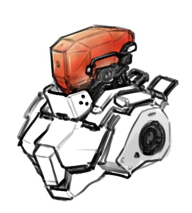 Drawing of an angular mech head and torso, with a blocky style and geometrically shaped head unit glowing flame orange.