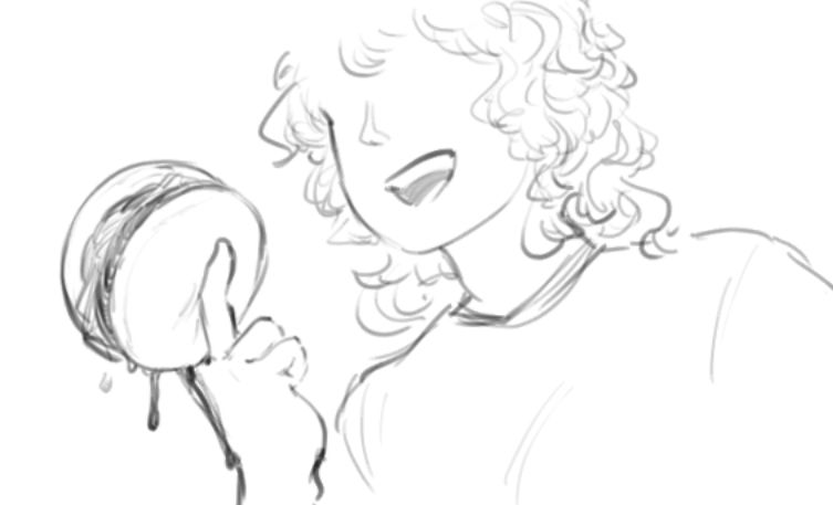 Drawing of a curly haired woman holding a burger between her index and middle fingers