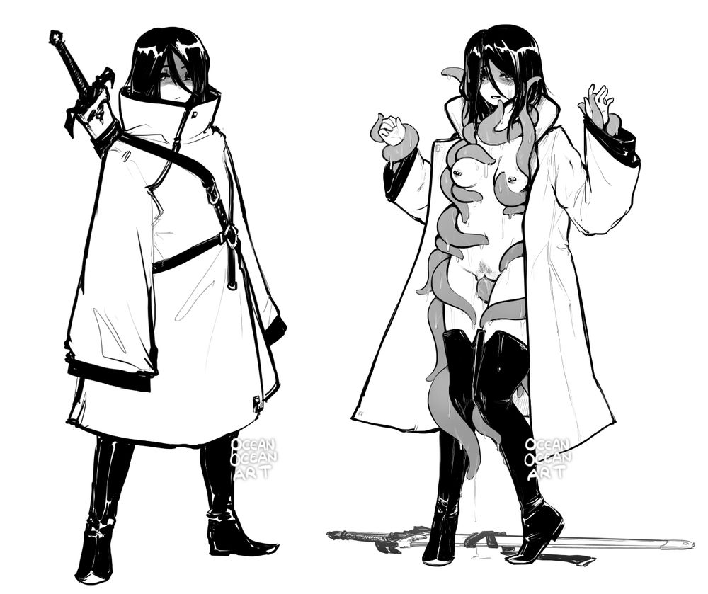 A pair of drawings of the same character in two poses. On the left, she stands with a wider stance, with her sword slung over her back and face in a serious expression. On the right, her large coat is opened, revealing a swarm of slippery tentacles writhing and groping her body, wiggling through her coat sleeves and holding her arms out of the way. Her sword lays on the ground behind her, forgotten, and her legs are now squeezed together as she wiggles against the grasping tentacles.