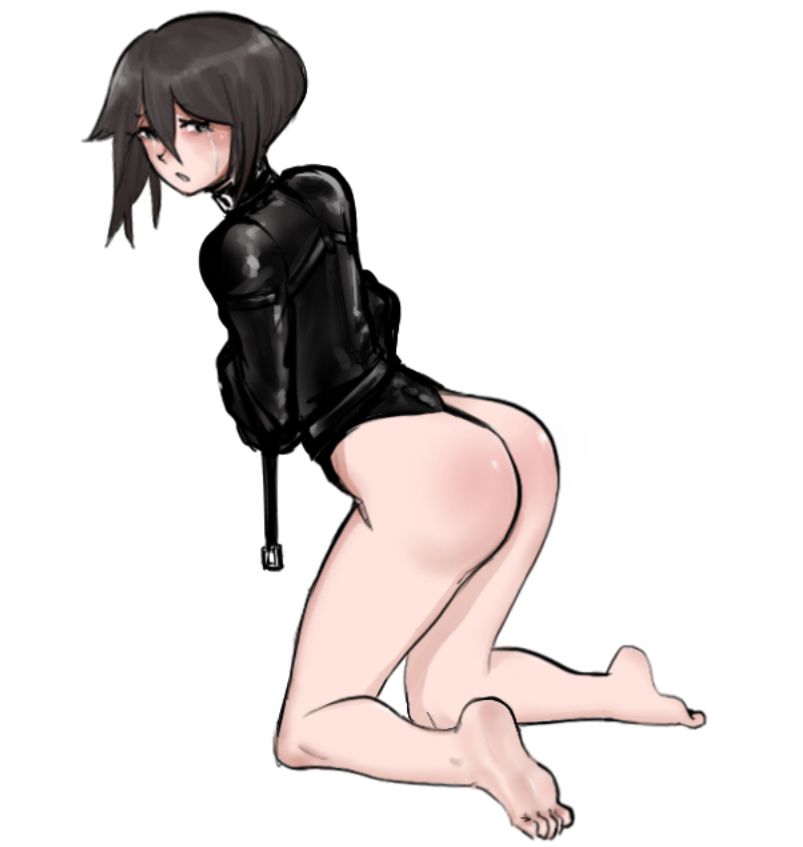Drawing of a character wearing a black leather straitjacket and nothing else, kneeling half-bent over and looking over their shoulder. A few tears streak their cheeks.
