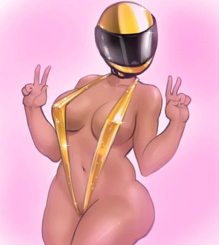 Drawing of a very curvy woman in a shiny gold sling bikini holding up two peace signs. Her head is enclosed in a similarly shining gold racing helmet with a black visor.