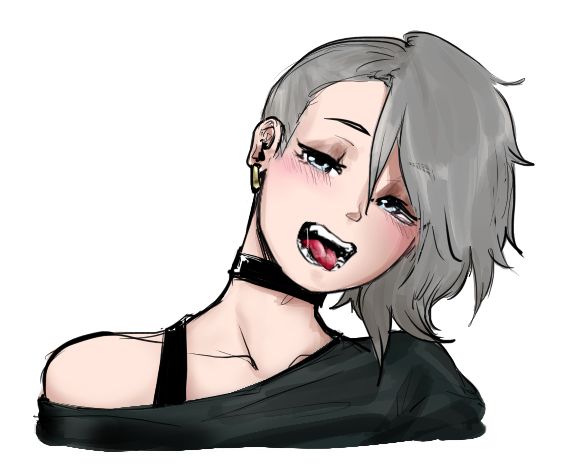 Drawing of a woman with an undercut of gray gray hair and ice blue eyes, head tilting at an angle as she opens her mouth to show off her teeth and tongue. 